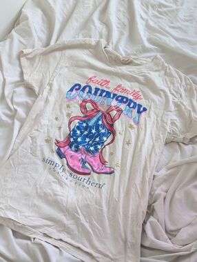 Simply Southern White Tee with Pink & Blue Patriotic Cowboy Boots